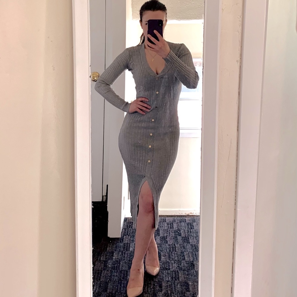 Grey Ribbed Knit Button-down Midi Dress